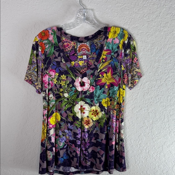 Johnny Was Cisco Multicolor Floral Print Purple V-Neck Tee Top Size XS - Picture 3 of 10